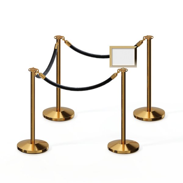 Montour Line Stanchion Post and Rope Kit Pol.Brass, 4FlatTop 3Blk Rope 8.5x11H Sign C-Kit-3-PB-FL-1-Tapped-1-8511-H-3-ER-BK-PB